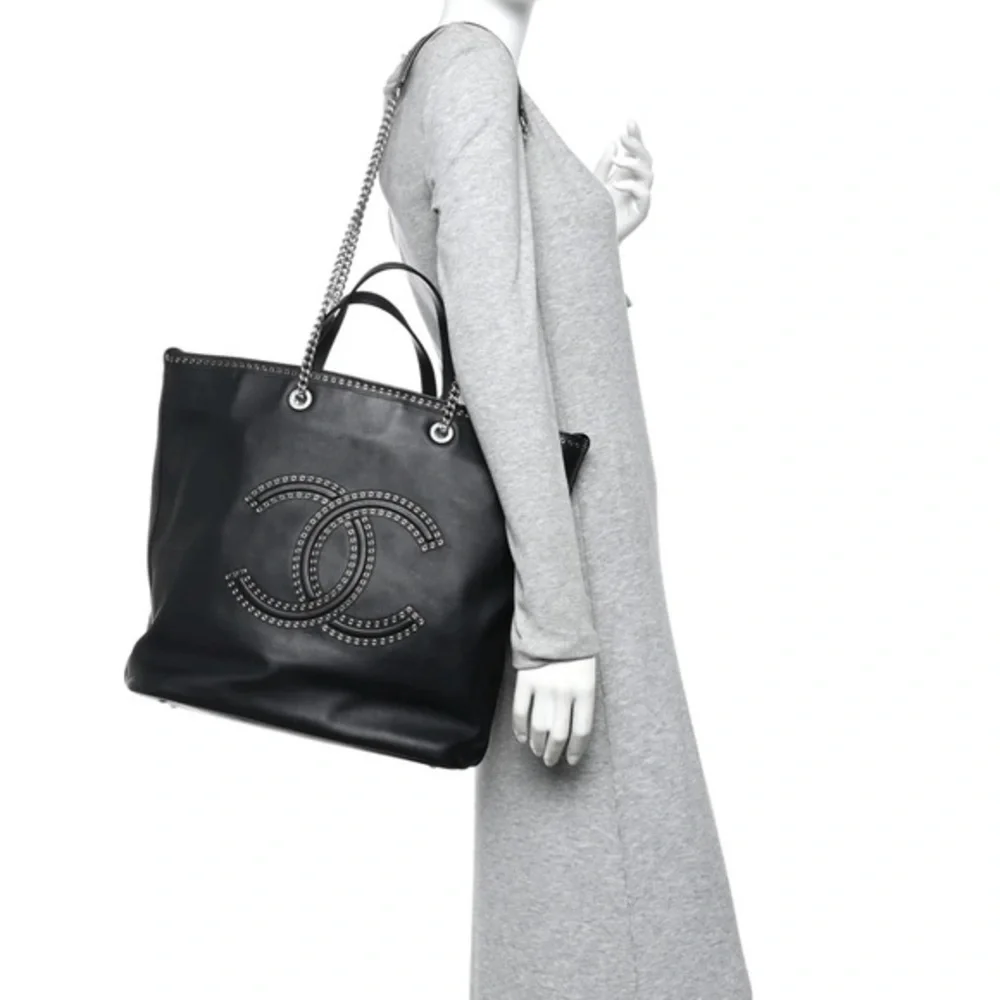 CHANEL COCO EYELET LARGE SHOPPING TOTE Black Calfskin Chain CC Bag Rare